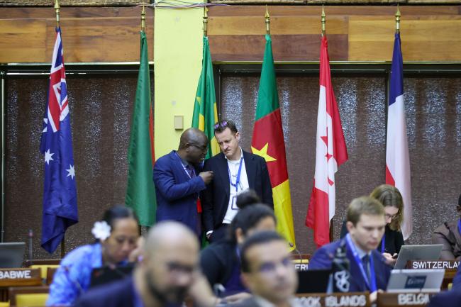 Delegates consult during the Council meeting