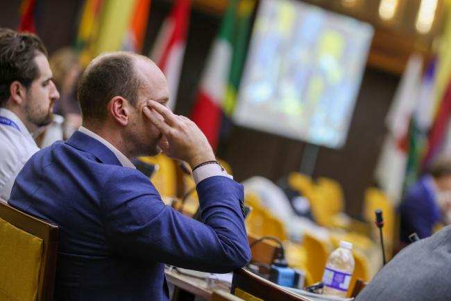 Delegates listen to the discussions. 