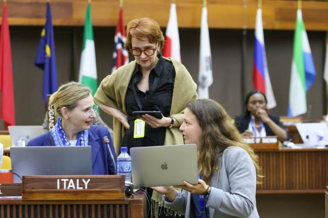 Delegates consult.