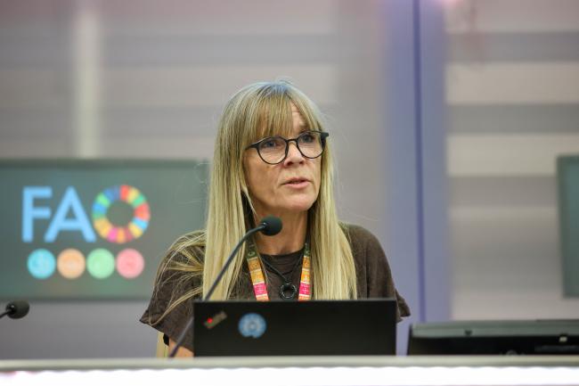 Thorunn Wolfram Petursdottir, Head,  Global Soil Partnership, FAO, reports back to plenary from the breakout session on landscape and ecosystem based solutions