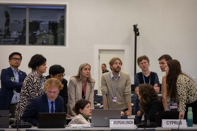 Delegates from the EU huddle informally