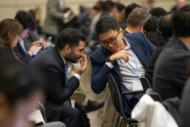Delegates consult during the session