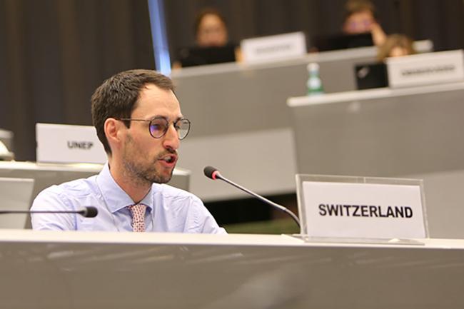 Michel Tschirren, Switzerland, introduces new proposal on plastics waste -- Photo courtesy of BRS Secretariat