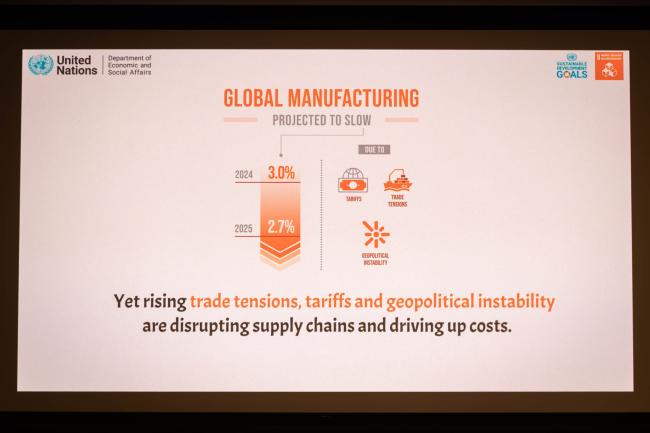 A slide highlights how trade tensions and global instability are affecting progress for achieving SDG 9 