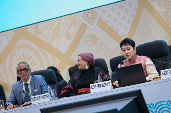 Rajeb Boulharouf, UNCCD Secretariat, Yasmine Fouad, Executive Secretary, UNCCD, and COP 17 President Batmunkh Battsetseg as the plenary session draws to a close. 