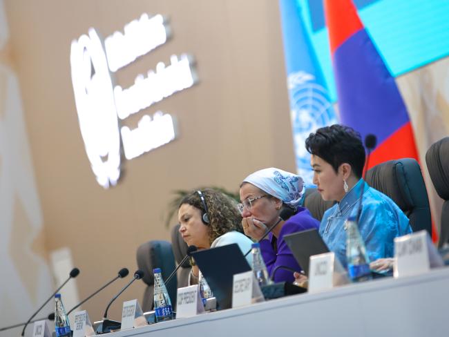 Andrea Meza Murillo, Deputy Executive Secretary, UNCCD, Yasmine Fouad, Executive Secretary, UNCCD, and COP 17 President Batmunkh Battsetseg