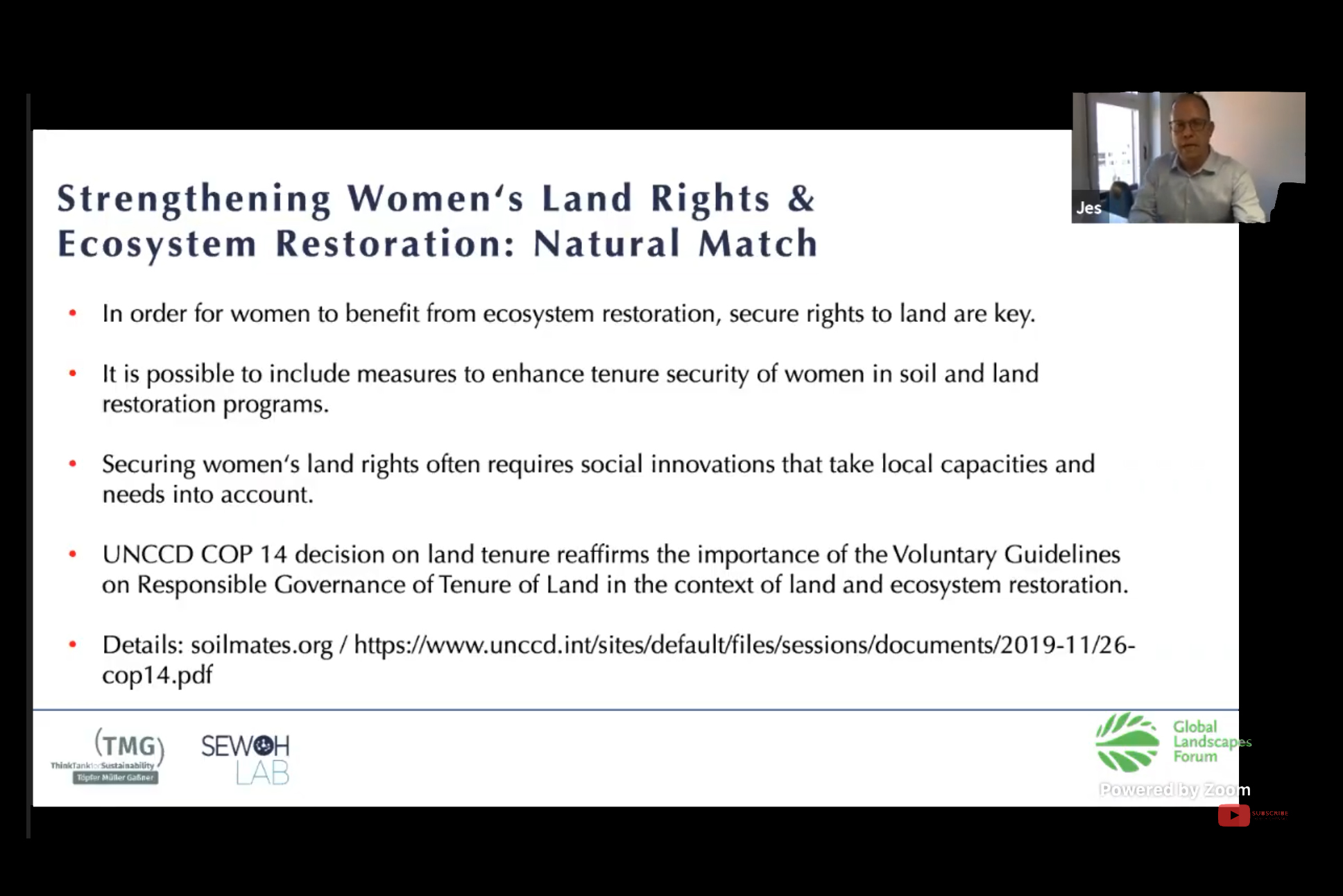 A slide outlining how to strengthen women's land rights through ecosystem restoration