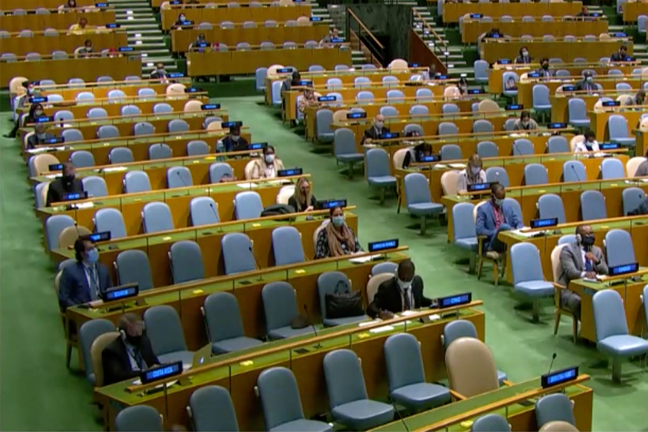 View of delegates social distancing in the UN General Assembly Hall.