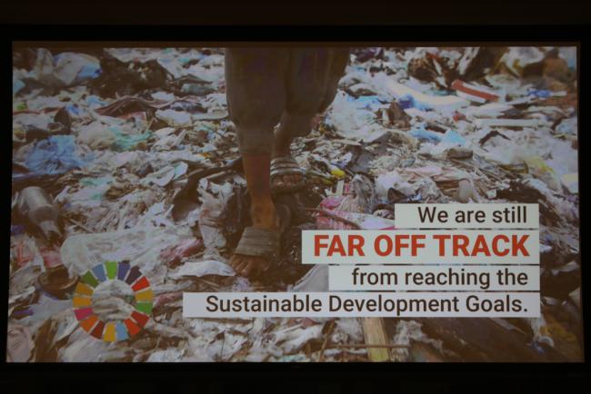 A video presentation during the session on 'messages from the region' reminds delegates that we are 'far off track' to achieving the SDGs